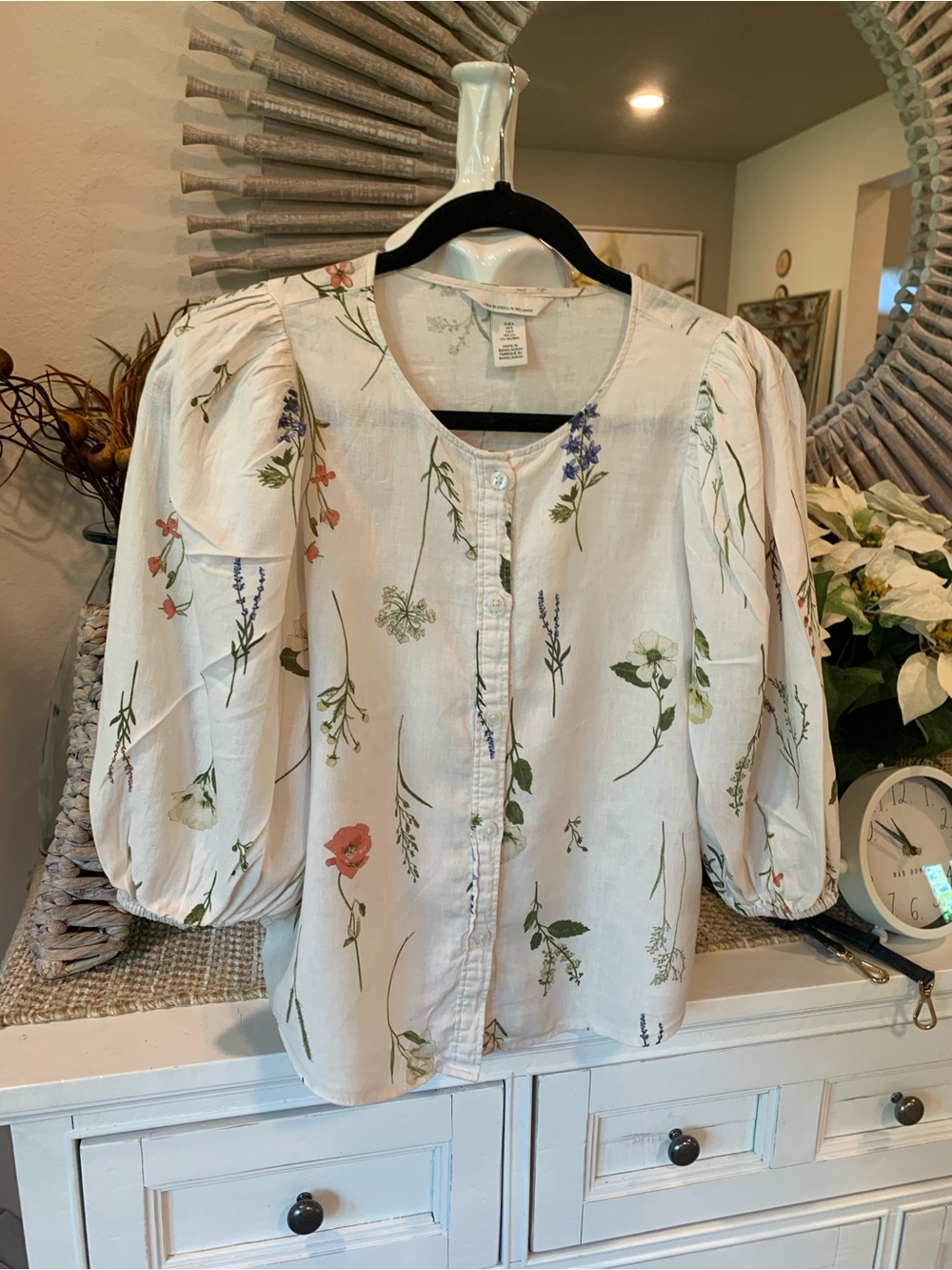 Linen Blend White Floral Button-Up Puff Sleeve Blouse S
